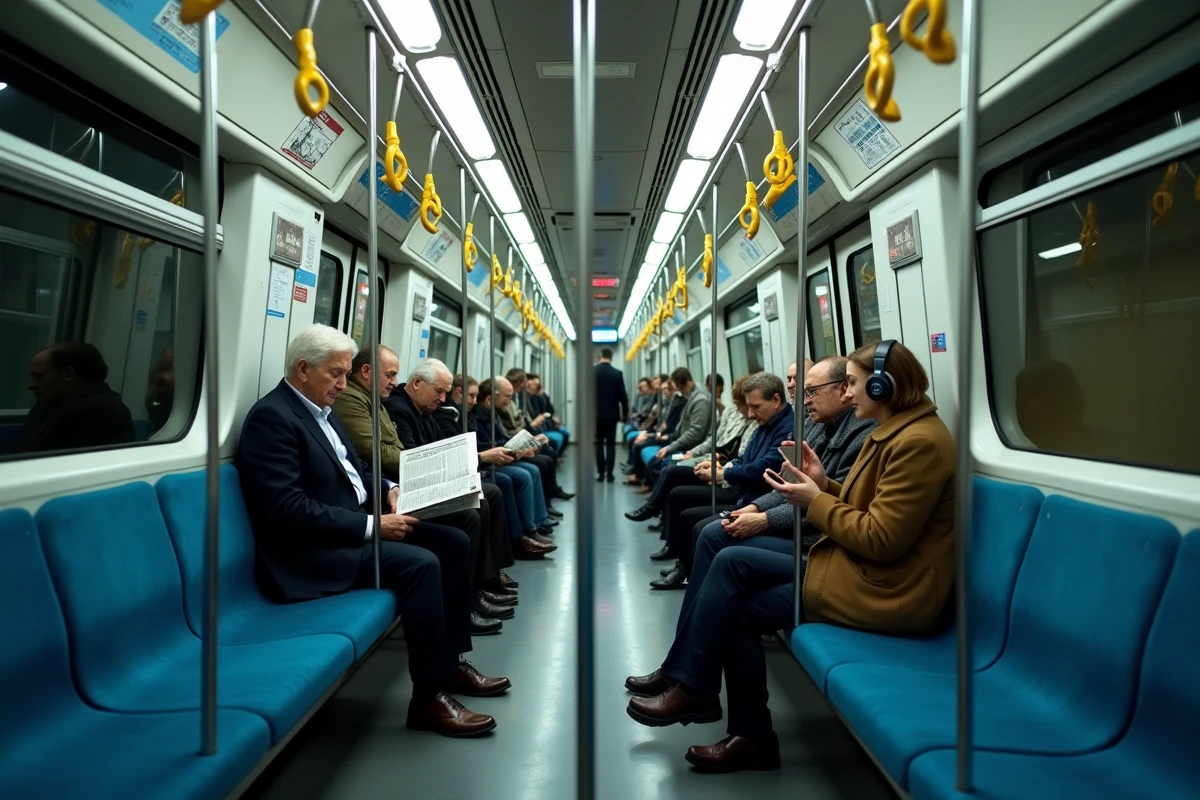 Intérieur d'une rame de la ligne 7 du métro parisien avec des passagers en situation réelle dans le wagon