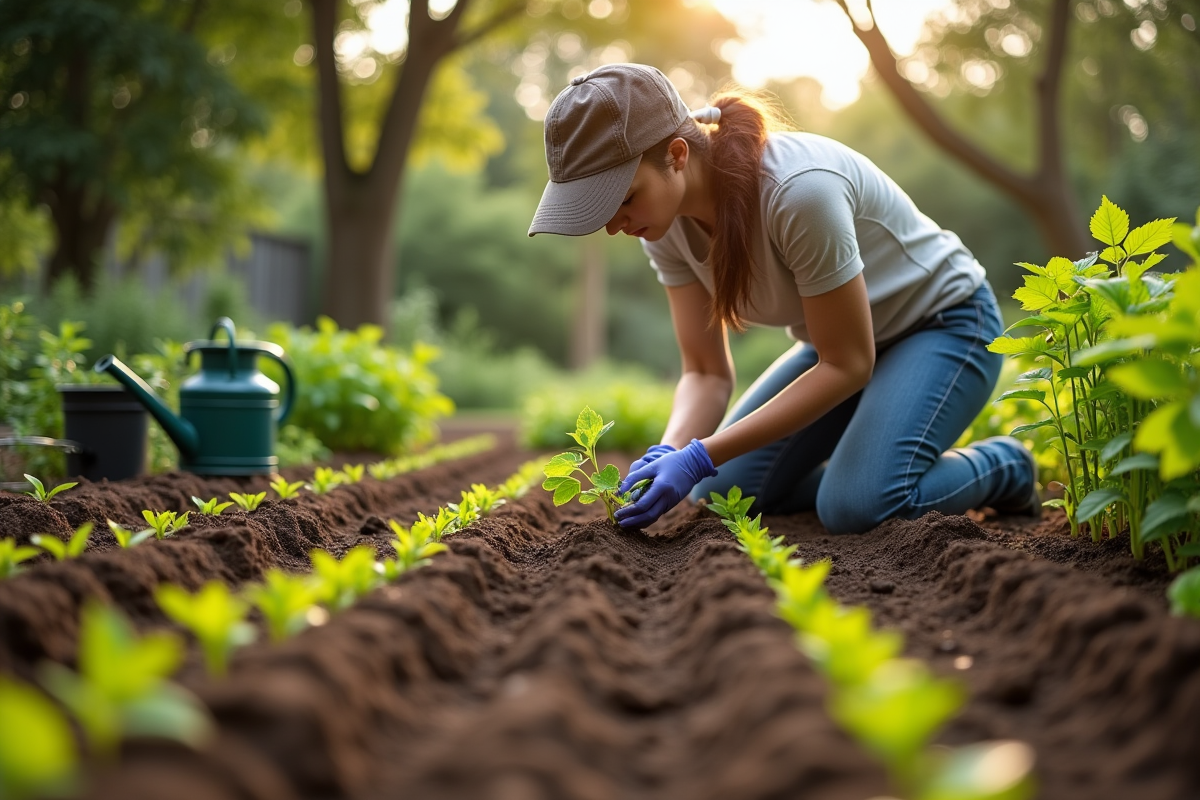 Personne plantant des jeunes légumes dans un jardin ensoleille