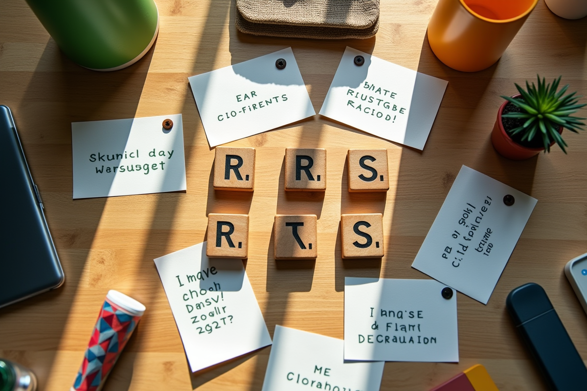 Scène de bureau avec blocs de bois et objets réutilisables