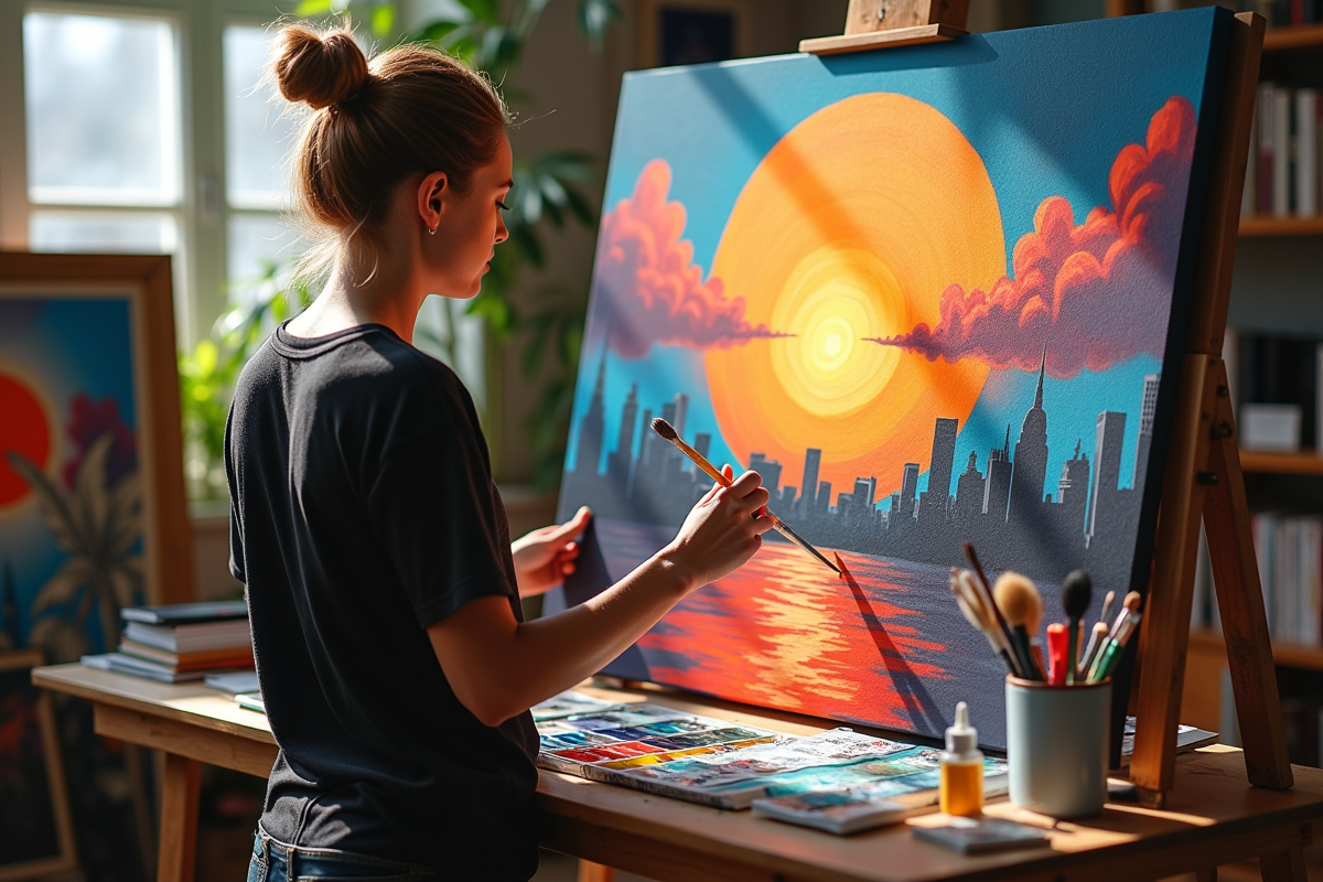 Jeune artiste créant une peinture dans un atelier urbain lumineux