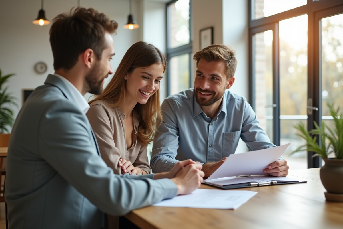 Jeune couple avec agent immobilier dans appartement rénové