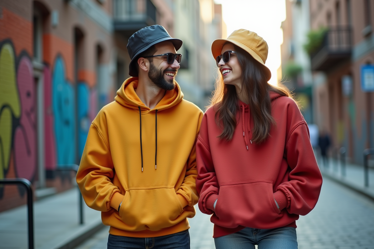 Jeune couple riant en streetwear dans la ville colorée