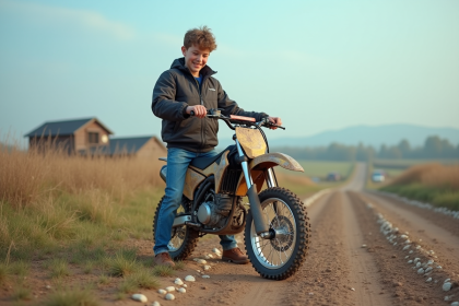 Jeune garçon en motocross examine son vélo tout-terrain à la campagne