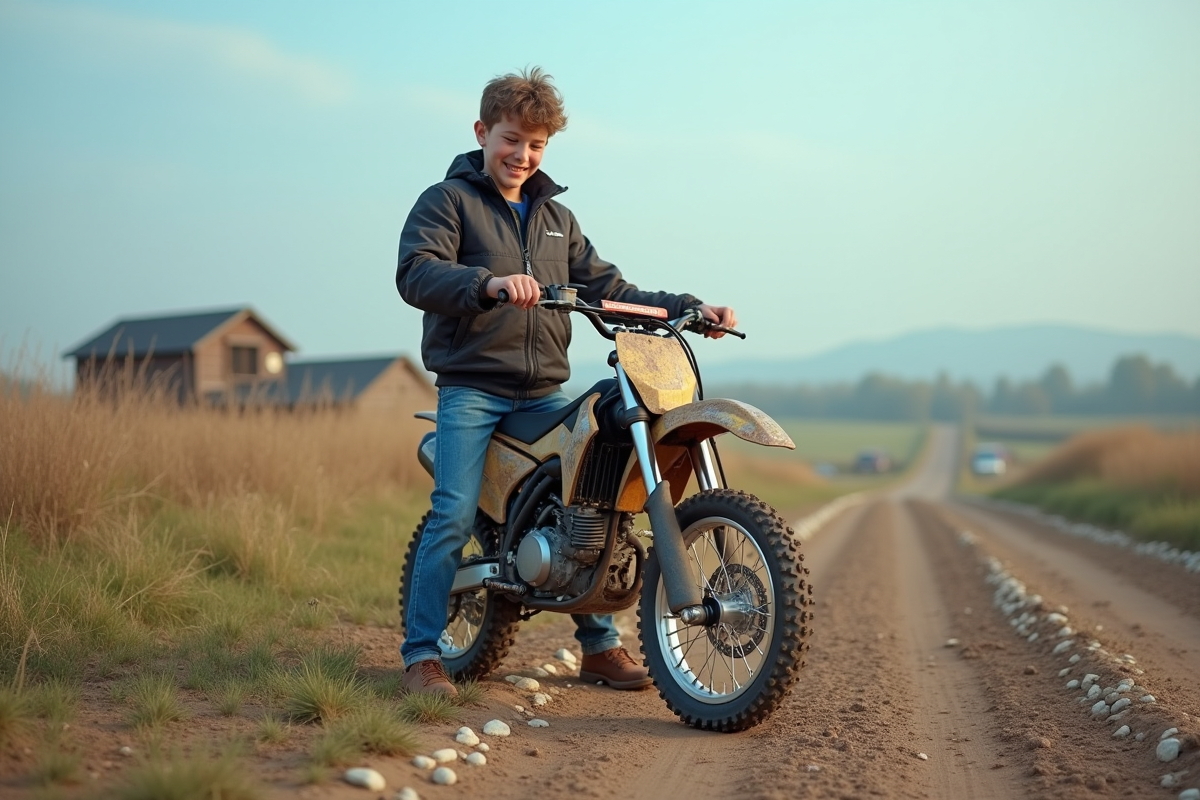 Jeune garçon en motocross examine son vélo tout-terrain à la campagne