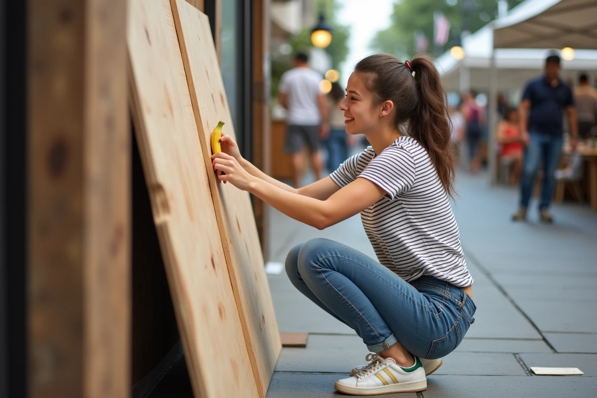 Jeune femme mimant la pose de taping une banane &agrave; l