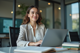 Jeune femme concentr&eacute;e travaillant sur son ordinateur dans un bureau moderne