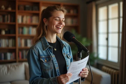 Jeune femme chantant avec paroles de Demons en main