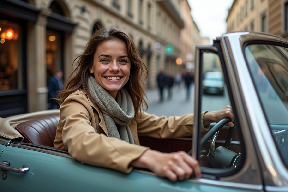 Jeune femme souriante au volant d