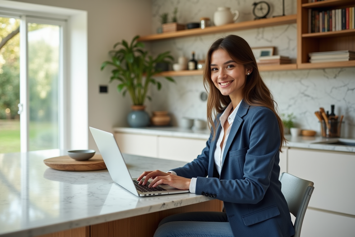 Jeune femme souriante travaillant sur un laptop dans une cuisine lumineuse