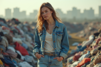 Jeune femme marchant devant une décharge de vêtements recyclés