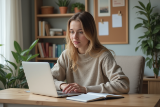 Jeune femme en home office suivant un cours marketing en ligne