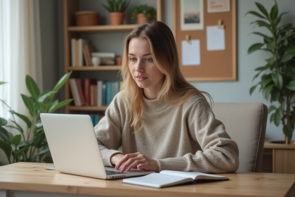 Jeune femme en home office suivant un cours marketing en ligne
