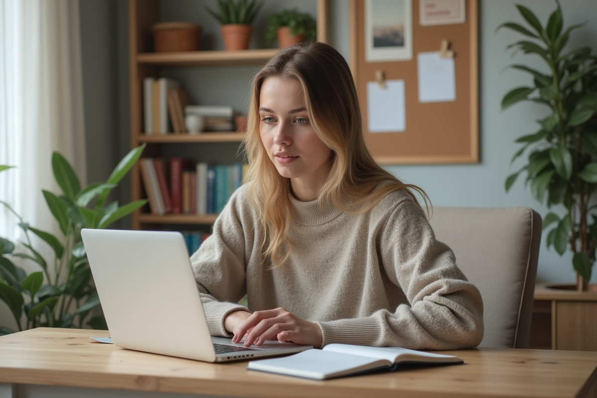 Jeune femme en home office suivant un cours marketing en ligne