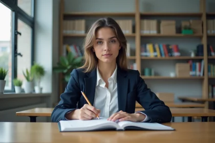 Jeune femme en classe universitaire &eacute;tudiant des livres financiers