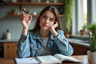 Jeune femme concentrée avec livre de grammaire française