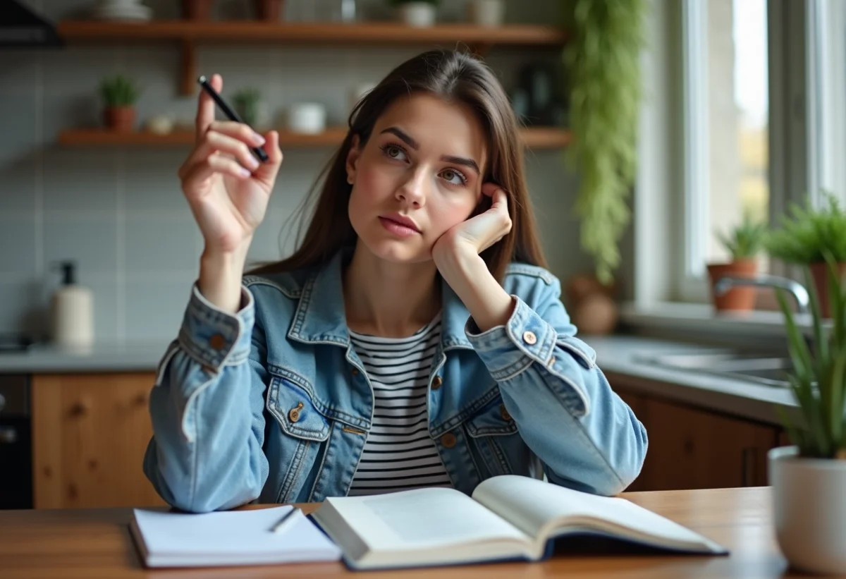 Jeune femme concentrée avec livre de grammaire française