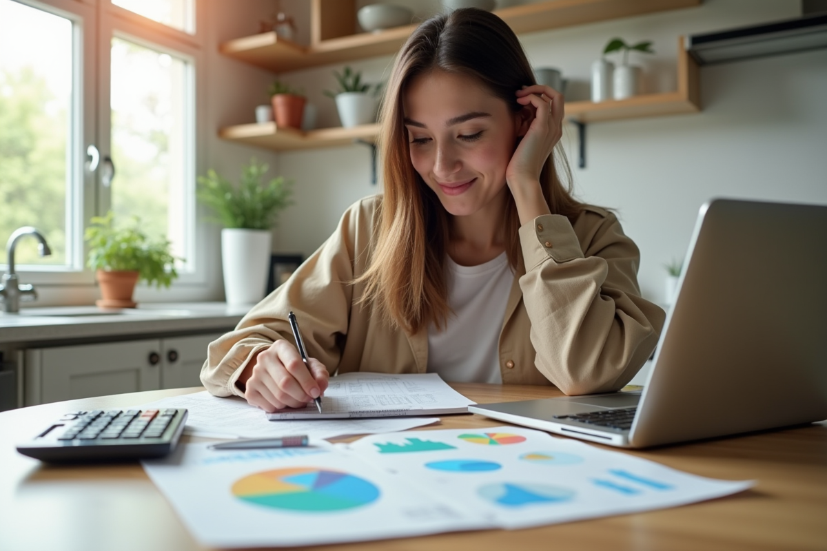 Jeune femme organisant ses finances dans une cuisine lumineuse