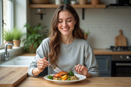 Jeune femme souriante préparant un repas sain dans la cuisine