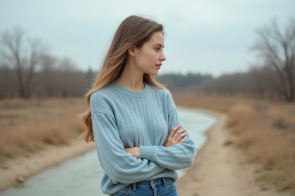 Jeune femme regardant un lit de rivière asséché en paysage de sécheresse