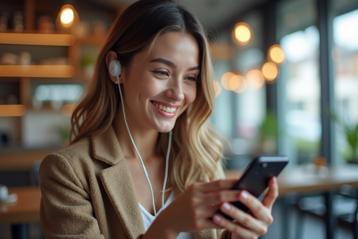 Jeune femme souriante utilisant une application de traduction sur son smartphone dans un café moderne