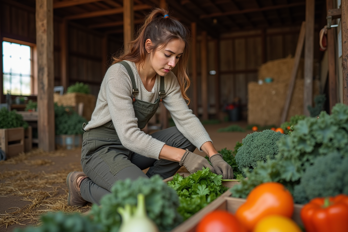 Jeune femme trie des légumes dans une grange rustique