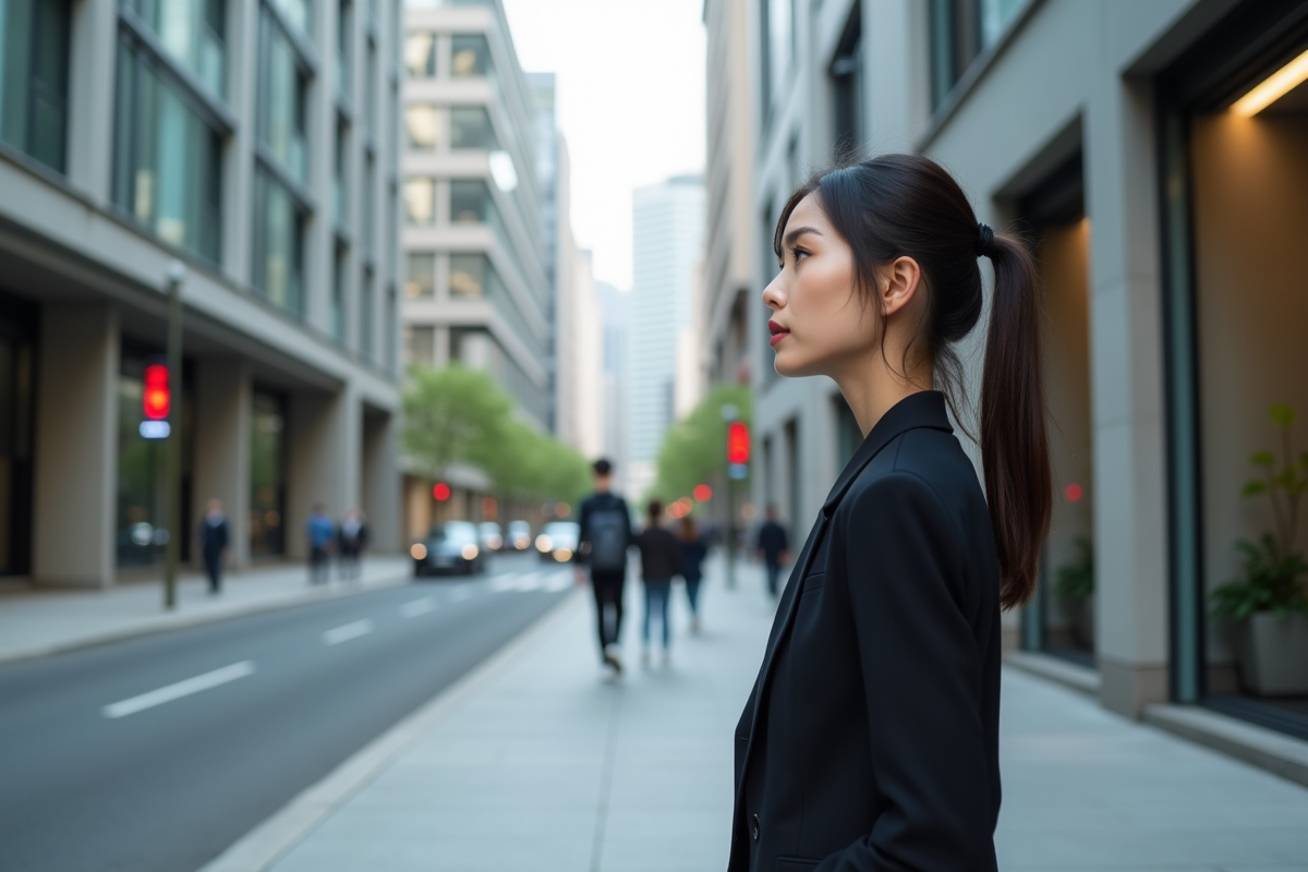 Jeune femme en ville regardant des immeubles modernes