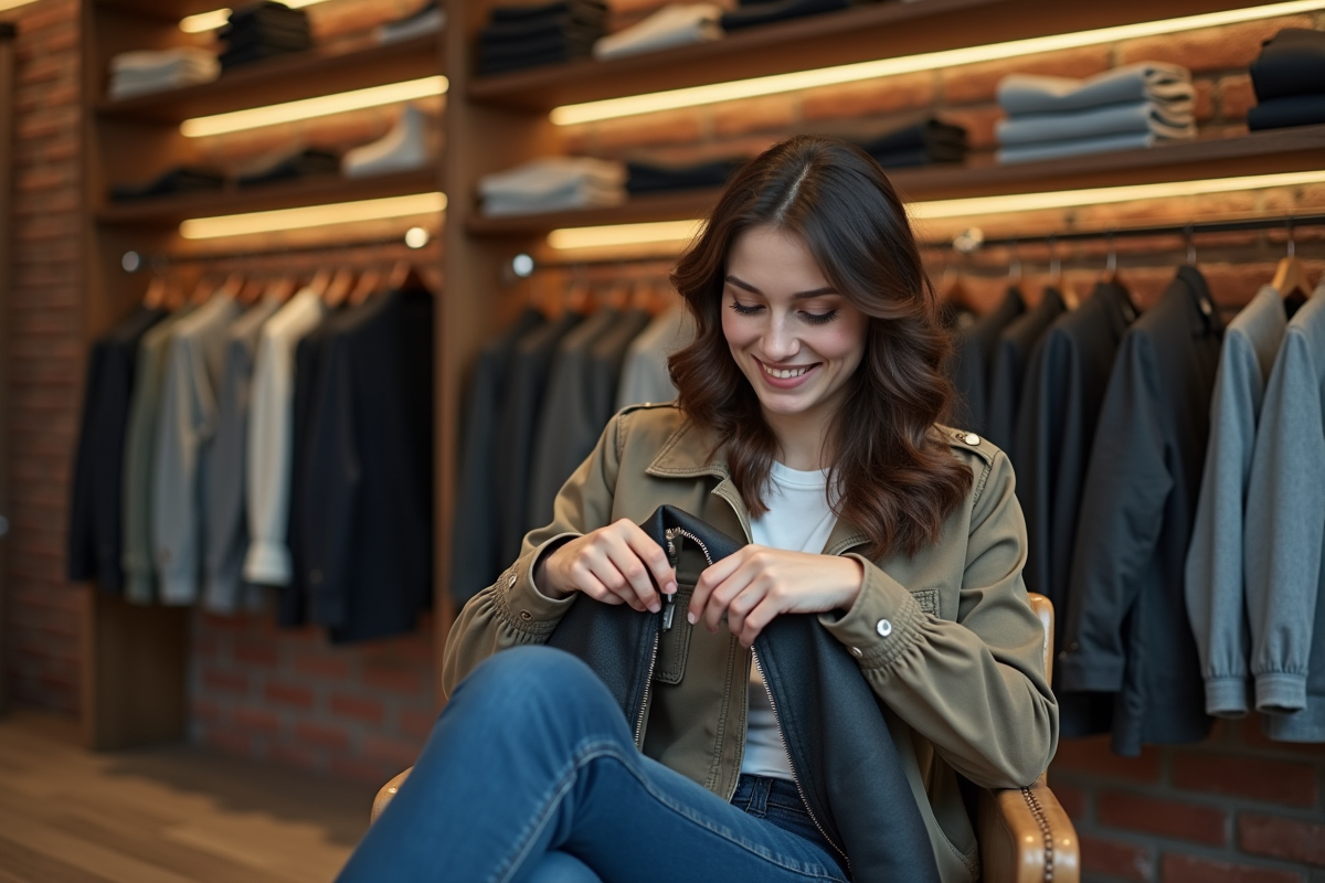 Jeune femme en boutique examine un manteau de qualité