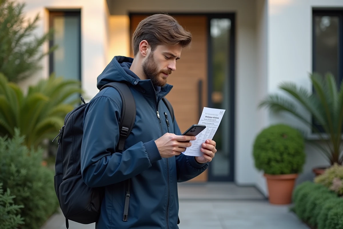 Jeune homme vérifiant un colis devant sa maison