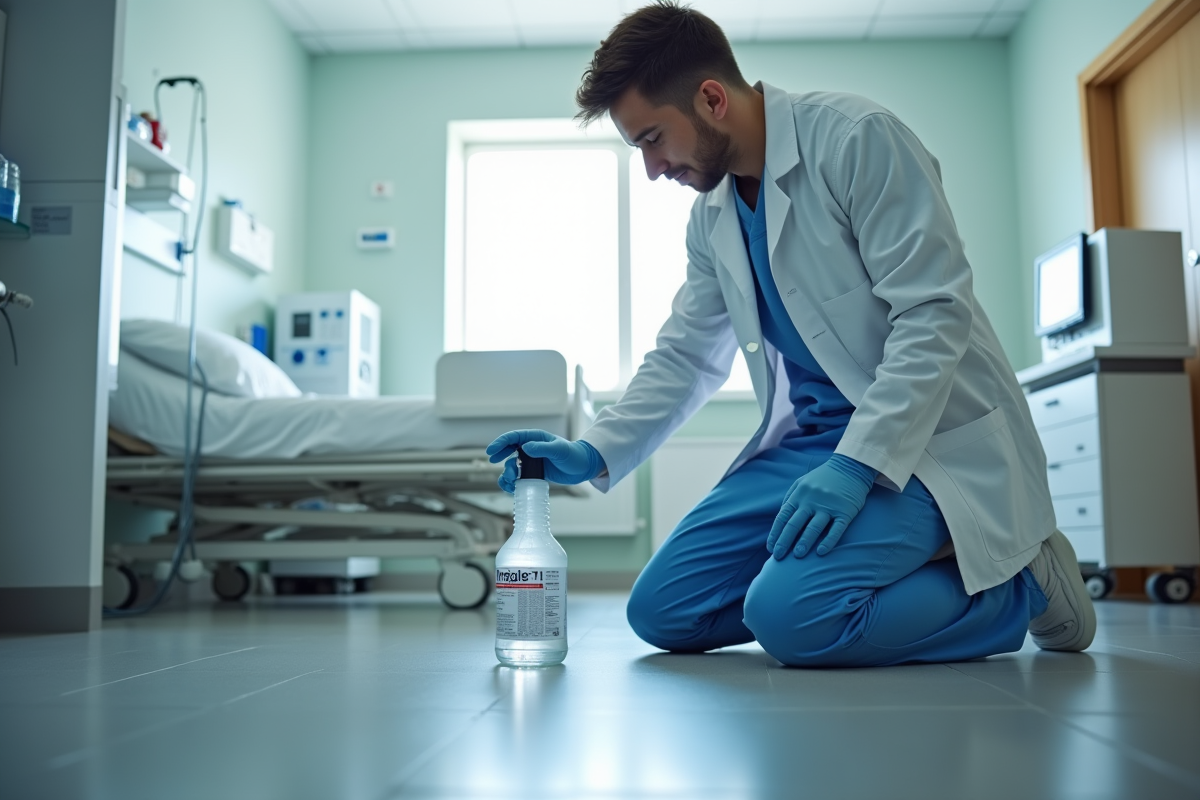Jeune professionnel désinfectant une chambre d