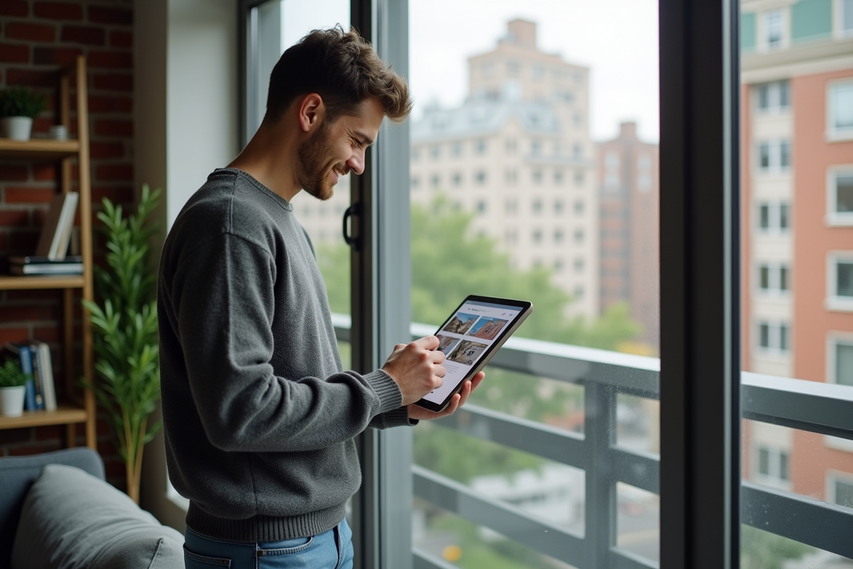 Jeune homme regardant des sites immobiliers sur une tablette