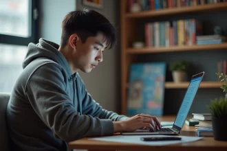 Jeune homme lisant un ordinateur dans sa chambre