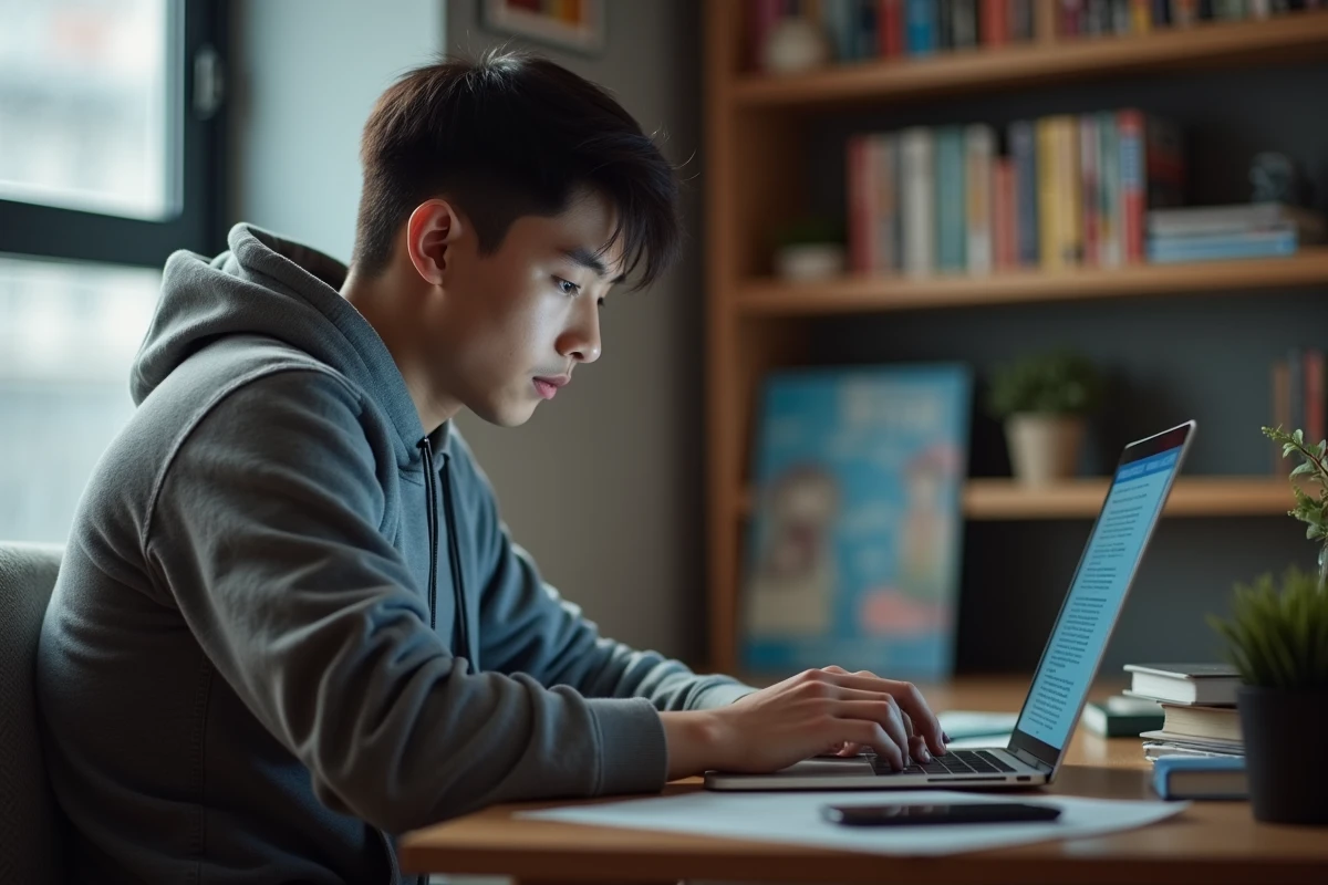 Jeune homme lisant un ordinateur dans sa chambre