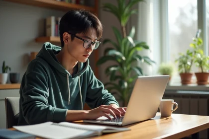 Jeune homme lisant manga sur son ordinateur dans une chambre lumineuse