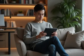 Jeune homme lisant manga yaoi sur tablette dans un salon cosy