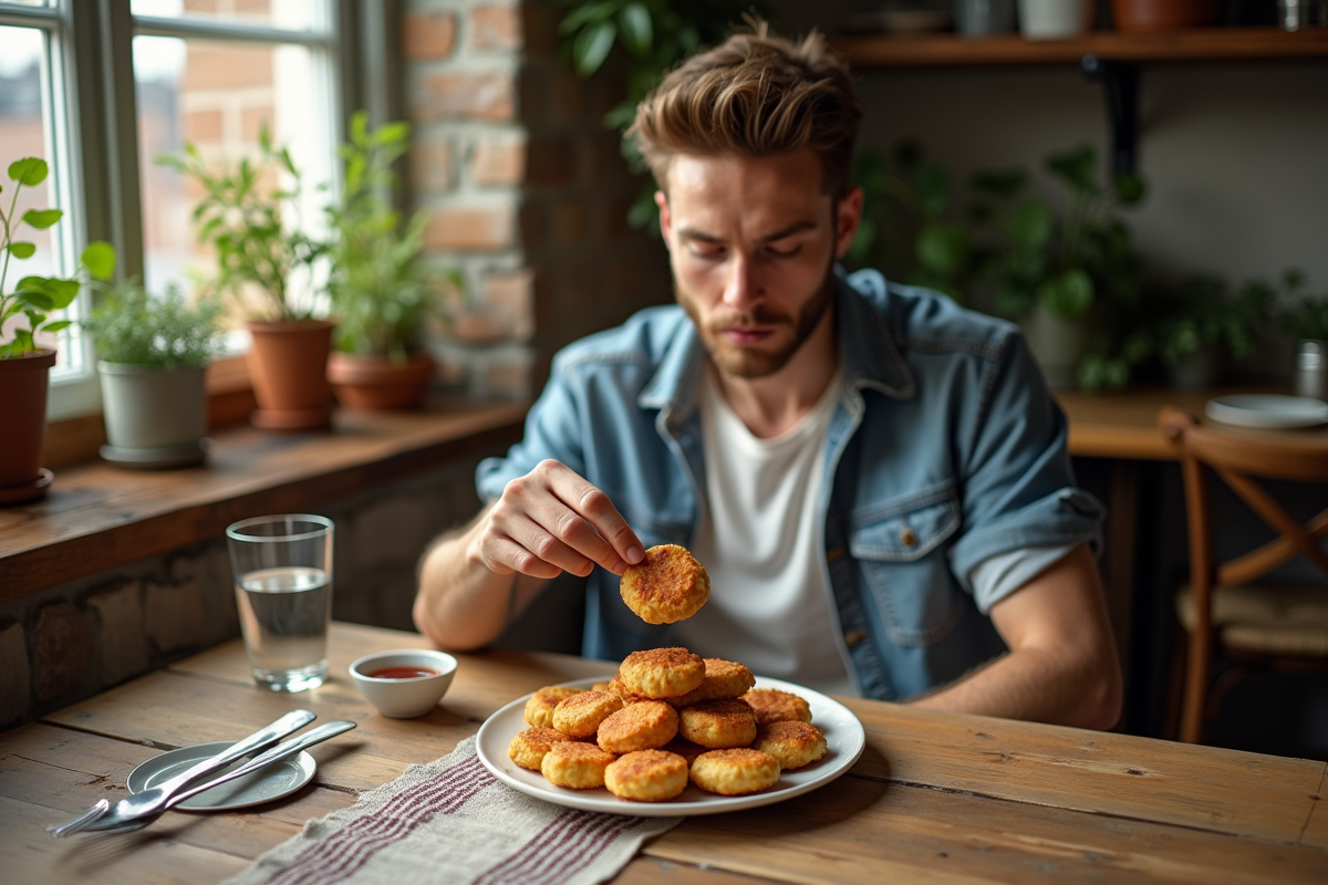 Jeune homme dégustant des beignets de courgette dans un appartement