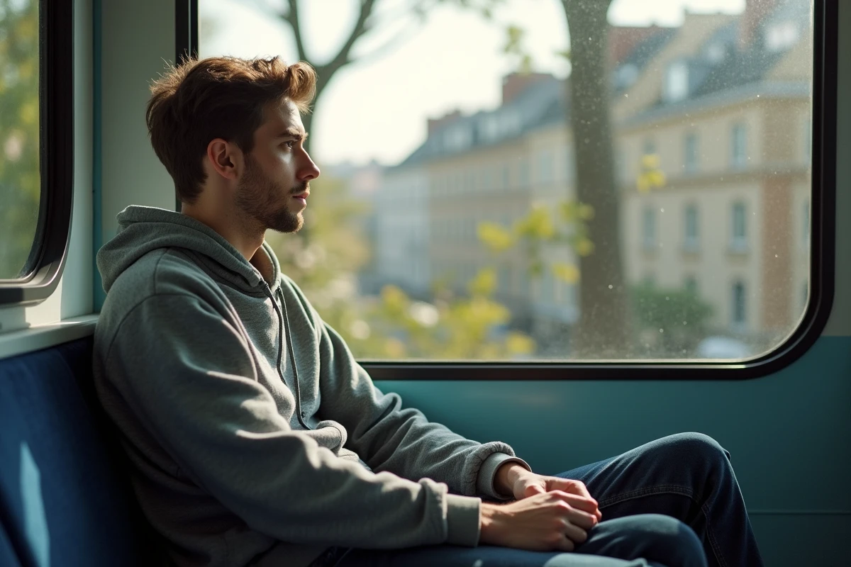 Jeune homme en métro regarde par la fenêtre