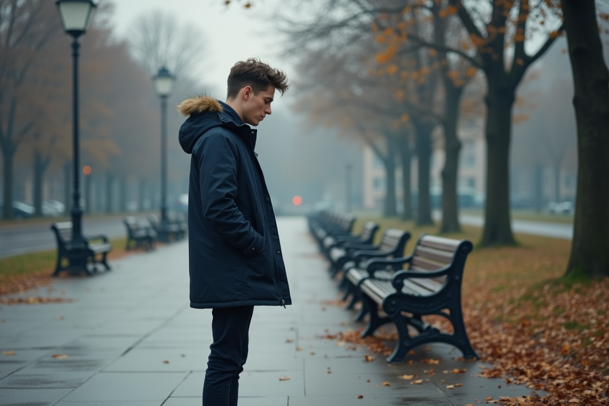 Jeune homme contemplant dans un parc en automne