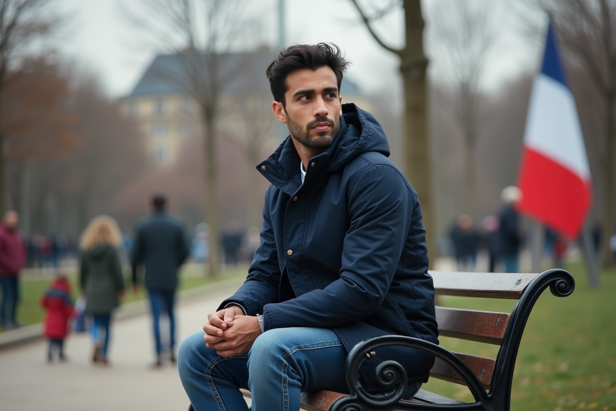 Jeune homme nord-africain dans un parc urbain près du drapeau français