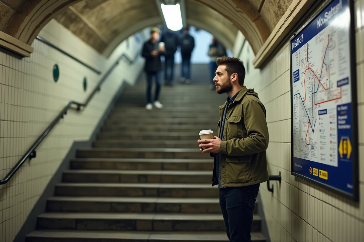 Jeune homme étudiant le plan du métro ligne 9 à la sortie d'une station parisienne