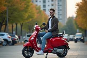 Jeune homme souriant sur scooter 50cc en ville
