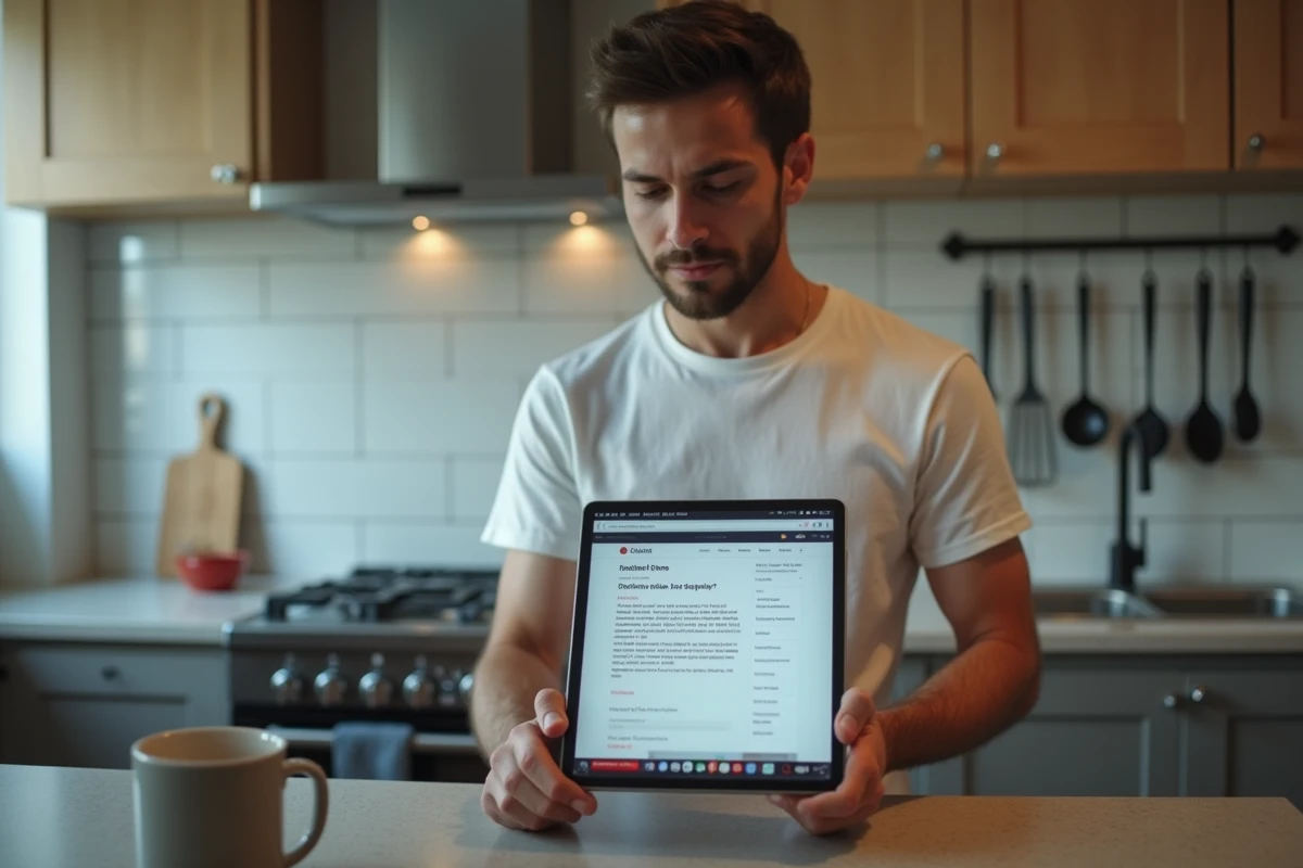 Jeune homme vérifiant une erreur DNS sur une tablette posée sur un comptoir de cuisine