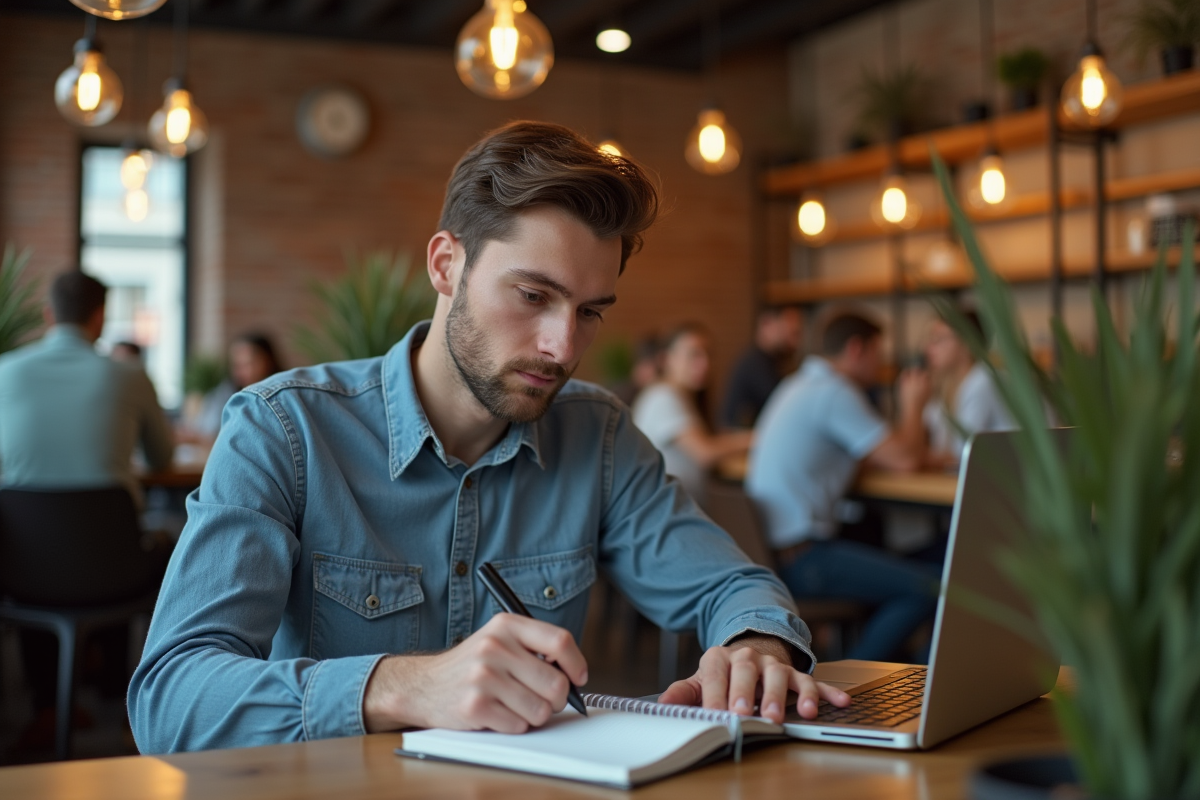 Jeune homme travaillant sur son ordinateur dans un café coworking