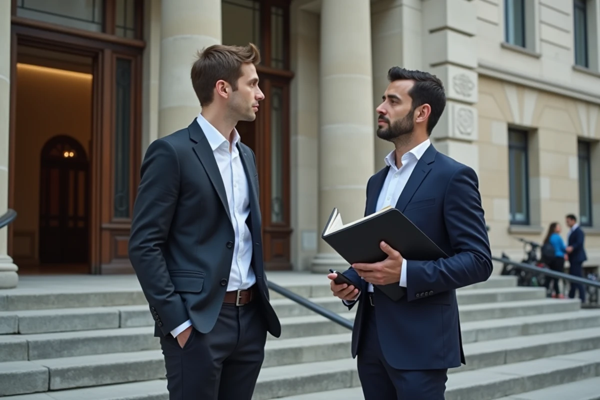 Jeune homme français parlant avec un avocat devant le tribunal