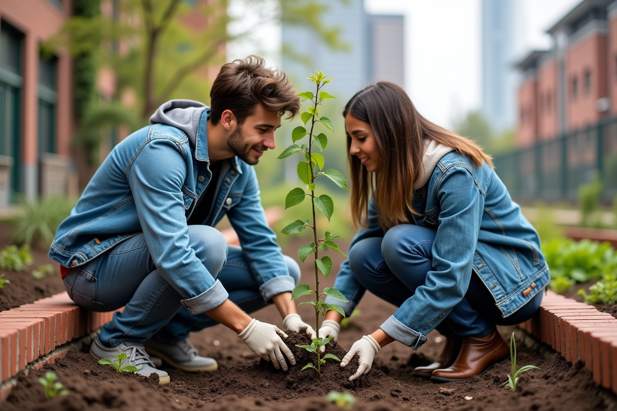 Jeune homme et femme plantant un arbre dans un jardin urbain