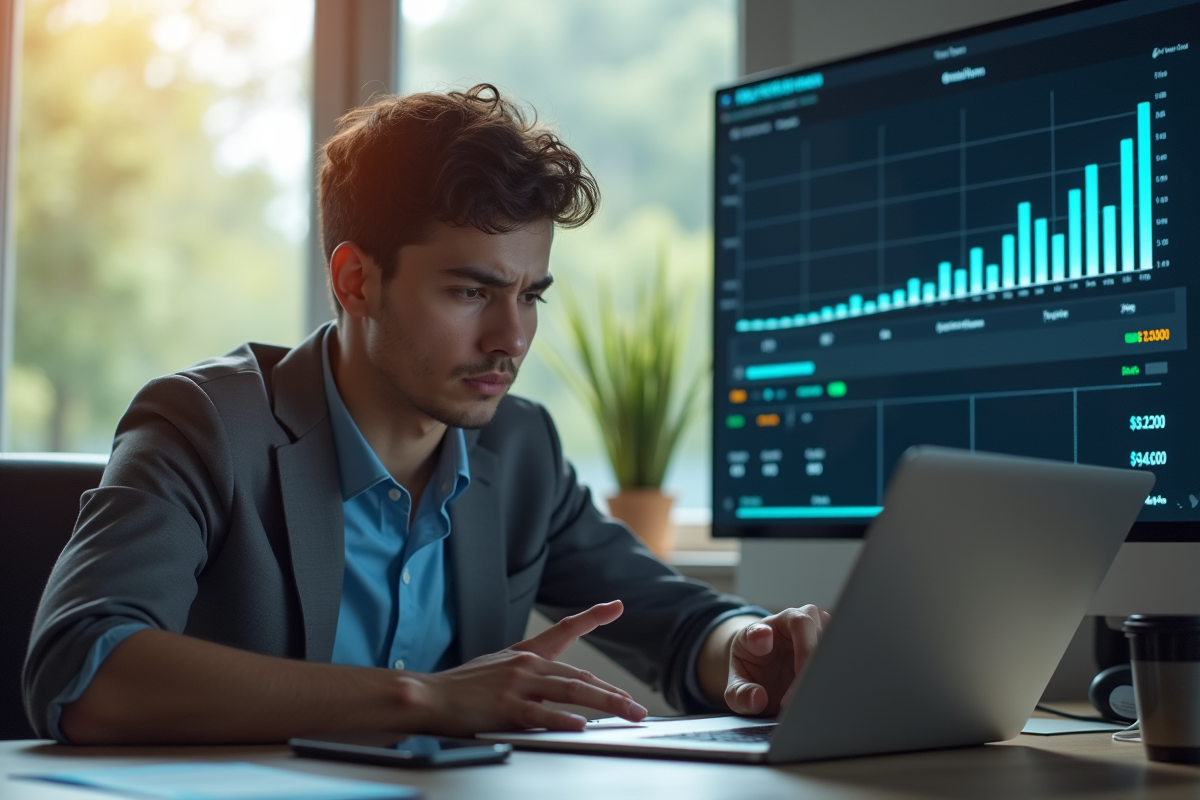 Jeune professionnel frustré devant un ordinateur avec transaction blockchain en attente