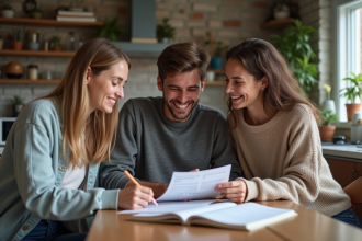 Trois jeunes adultes discutent d'une facture d'électricité à la maison