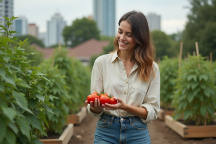 Jeune femme cueillant des tomates dans un jardin communautaire