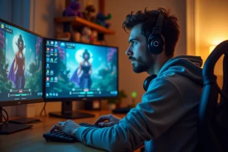 Joueur solo concentré devant ses écrans jouant à un MMORPG avec interface de crafting et progression de personnage