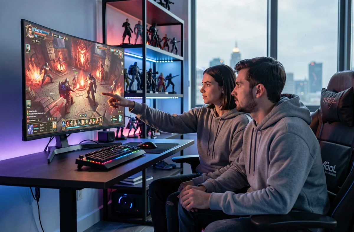 Deux joueurs discutant d'une stratégie de combat pour le Dofus Pourpre dans une salle de gaming moderne