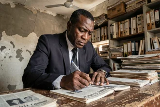Journaliste congolais dans une salle de rédaction analysant la presse politique sans tabou